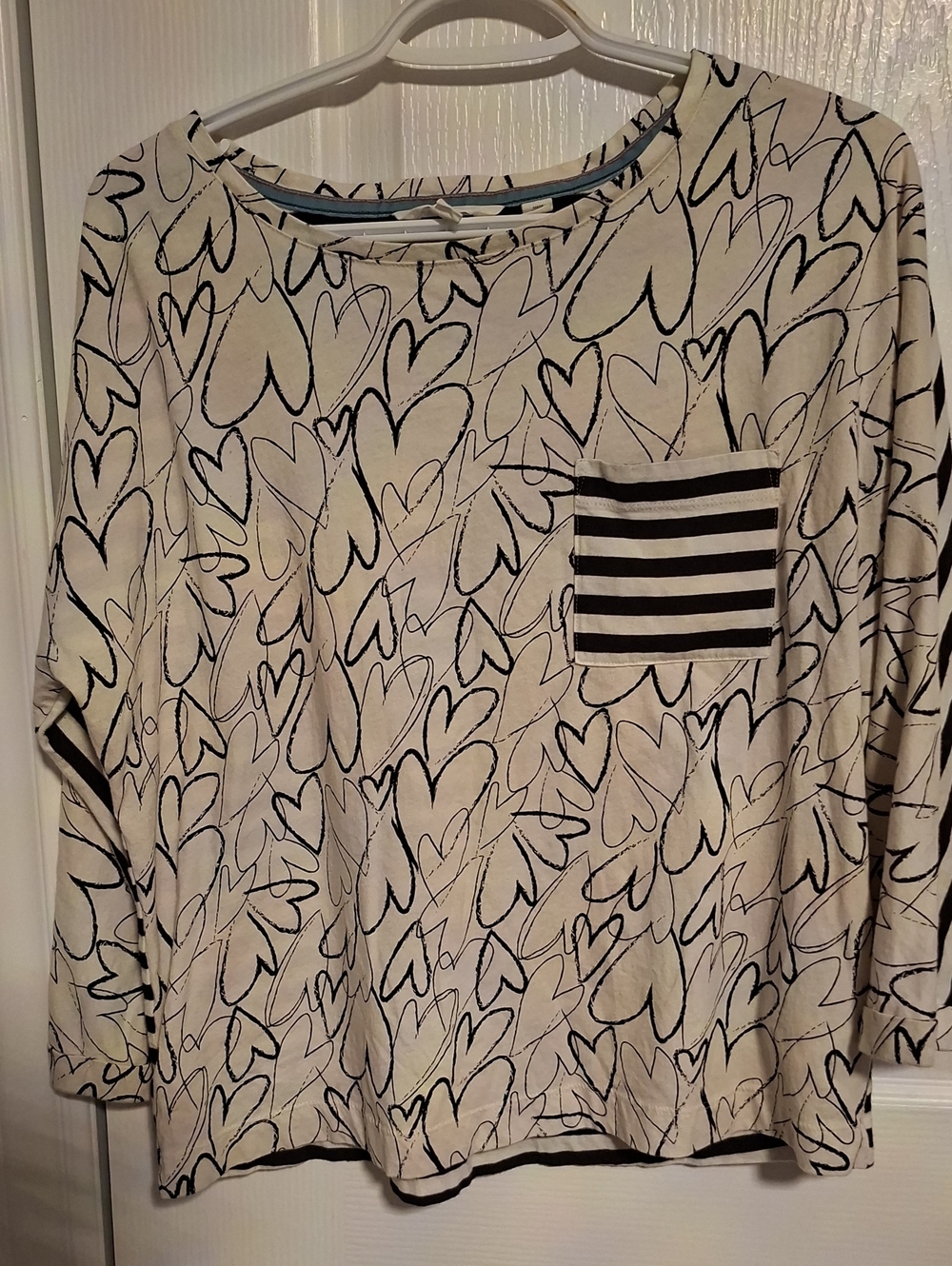 White Stuff Women's Cream and Black Heart-Print Long Sleeve Top with Pocket
